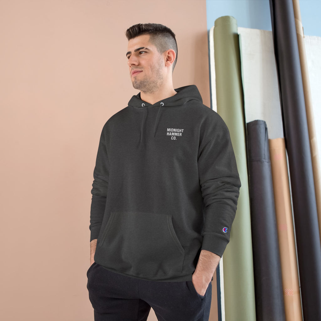 Midnight Hammer Champion Hoodie, Cozy Sweatshirt, Unisex Streetwear, Year-Round Gift, Casual Relaxation Wear