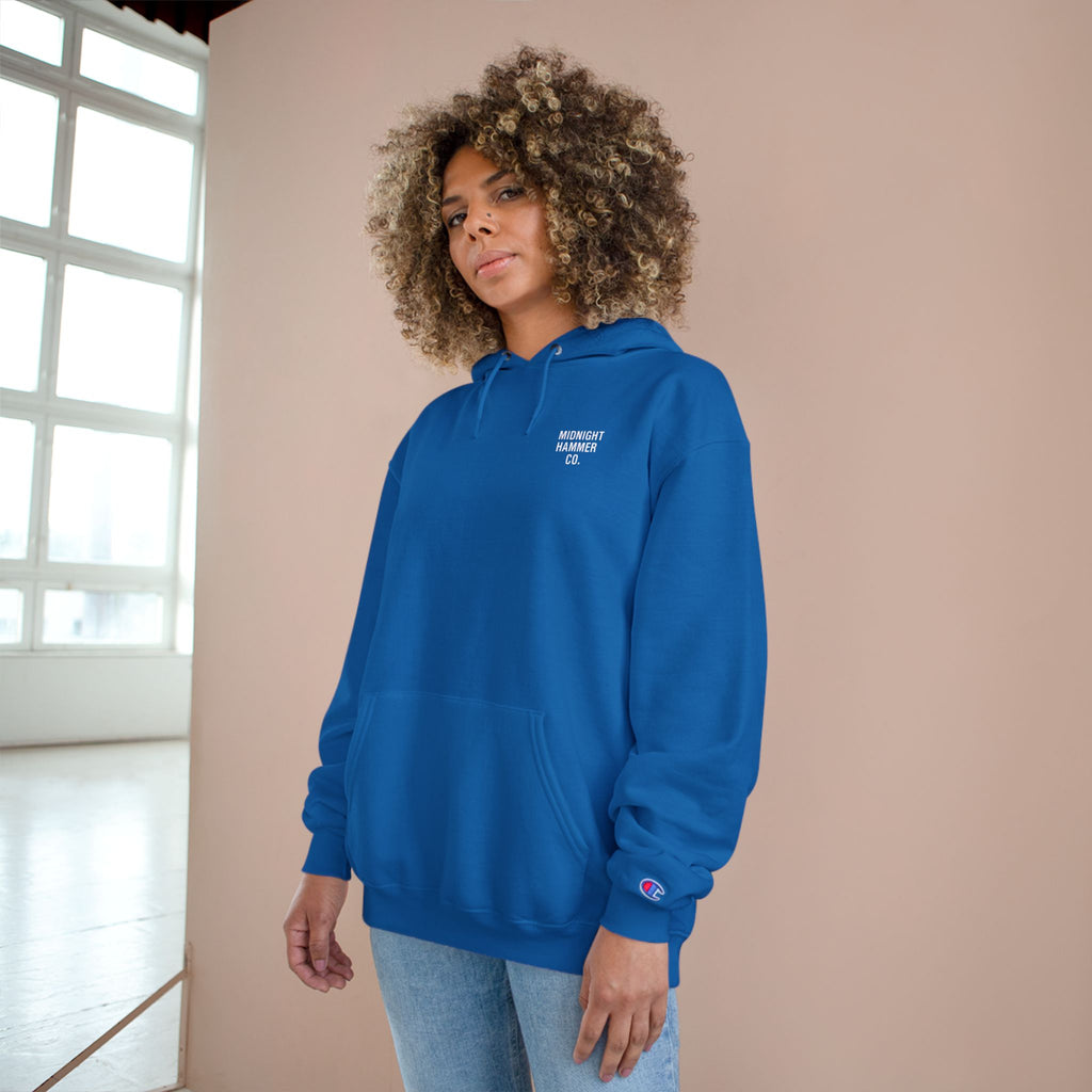 Midnight Hammer Champion Hoodie, Cozy Sweatshirt, Unisex Streetwear, Year-Round Gift, Casual Relaxation Wear