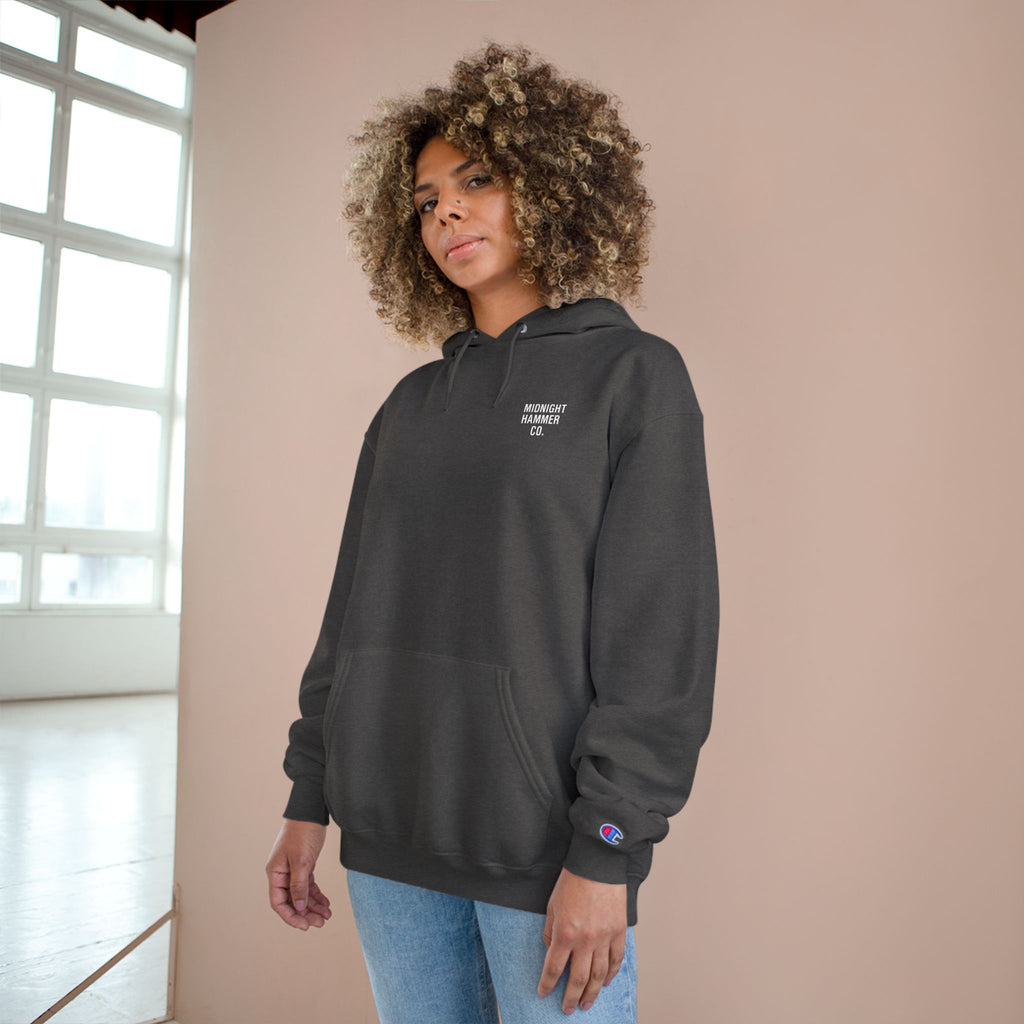 Midnight Hammer Champion Hoodie, Cozy Sweatshirt, Unisex Streetwear, Year-Round Gift, Casual Relaxation Wear