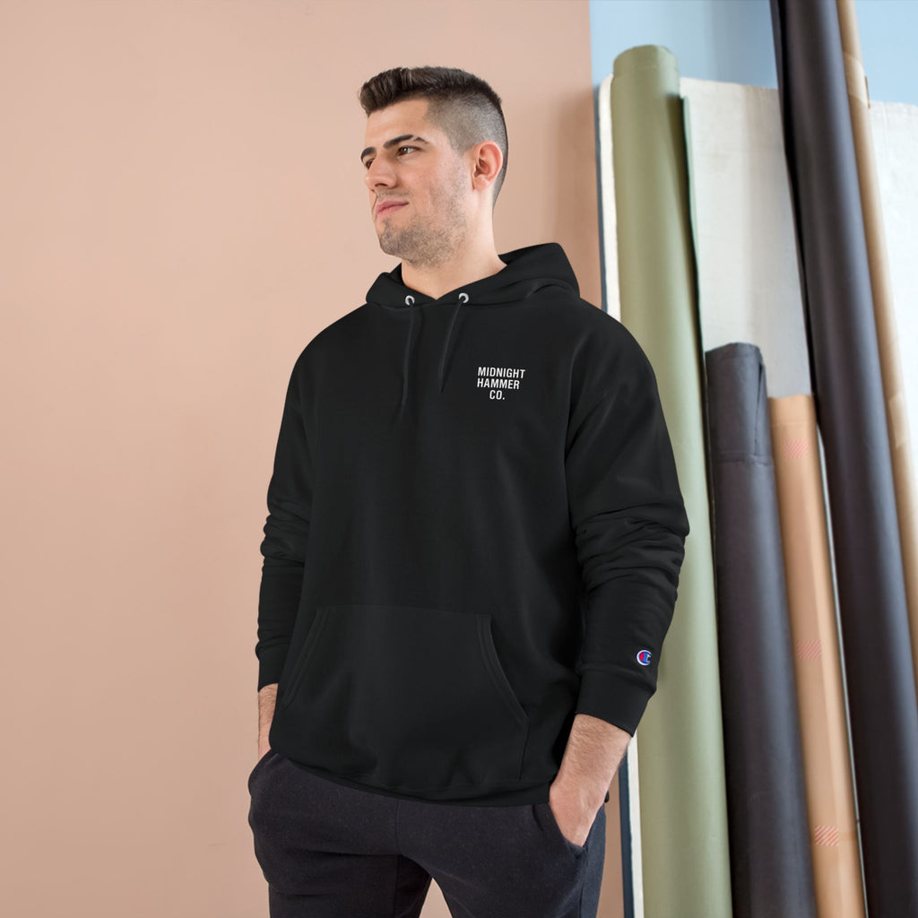 Midnight Hammer Champion Hoodie, Cozy Sweatshirt, Unisex Streetwear, Year-Round Gift, Casual Relaxation Wear