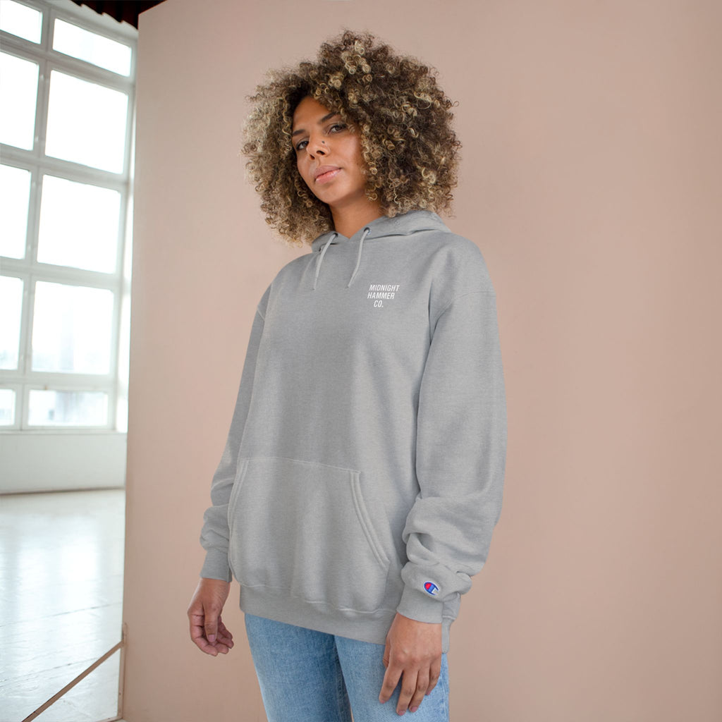 Midnight Hammer Champion Hoodie, Cozy Sweatshirt, Unisex Streetwear, Year-Round Gift, Casual Relaxation Wear