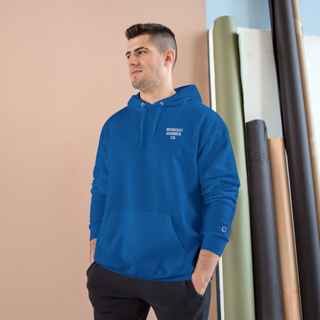 Midnight Hammer Champion Hoodie, Cozy Sweatshirt, Unisex Streetwear, Year-Round Gift, Casual Relaxation Wear