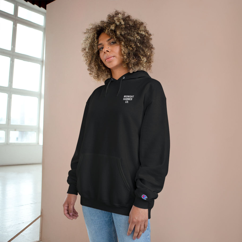 Midnight Hammer Champion Hoodie, Cozy Sweatshirt, Unisex Streetwear, Year-Round Gift, Casual Relaxation Wear