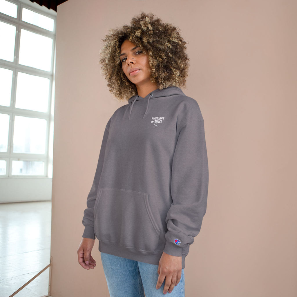 Midnight Hammer Champion Hoodie, Cozy Sweatshirt, Unisex Streetwear, Year-Round Gift, Casual Relaxation Wear